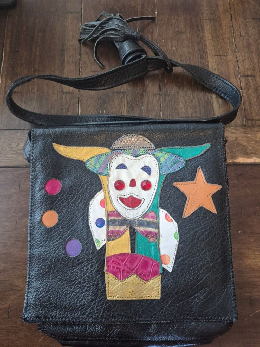 Vintage Black Leather Crossbody Bag With Colorful Clown Applique & Star Accents